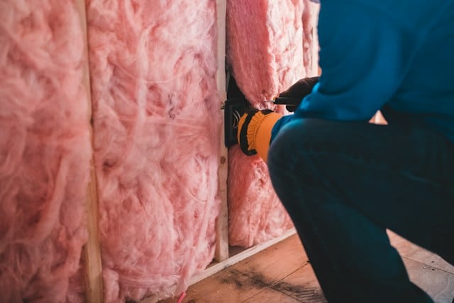 Person installing insulation in the wall